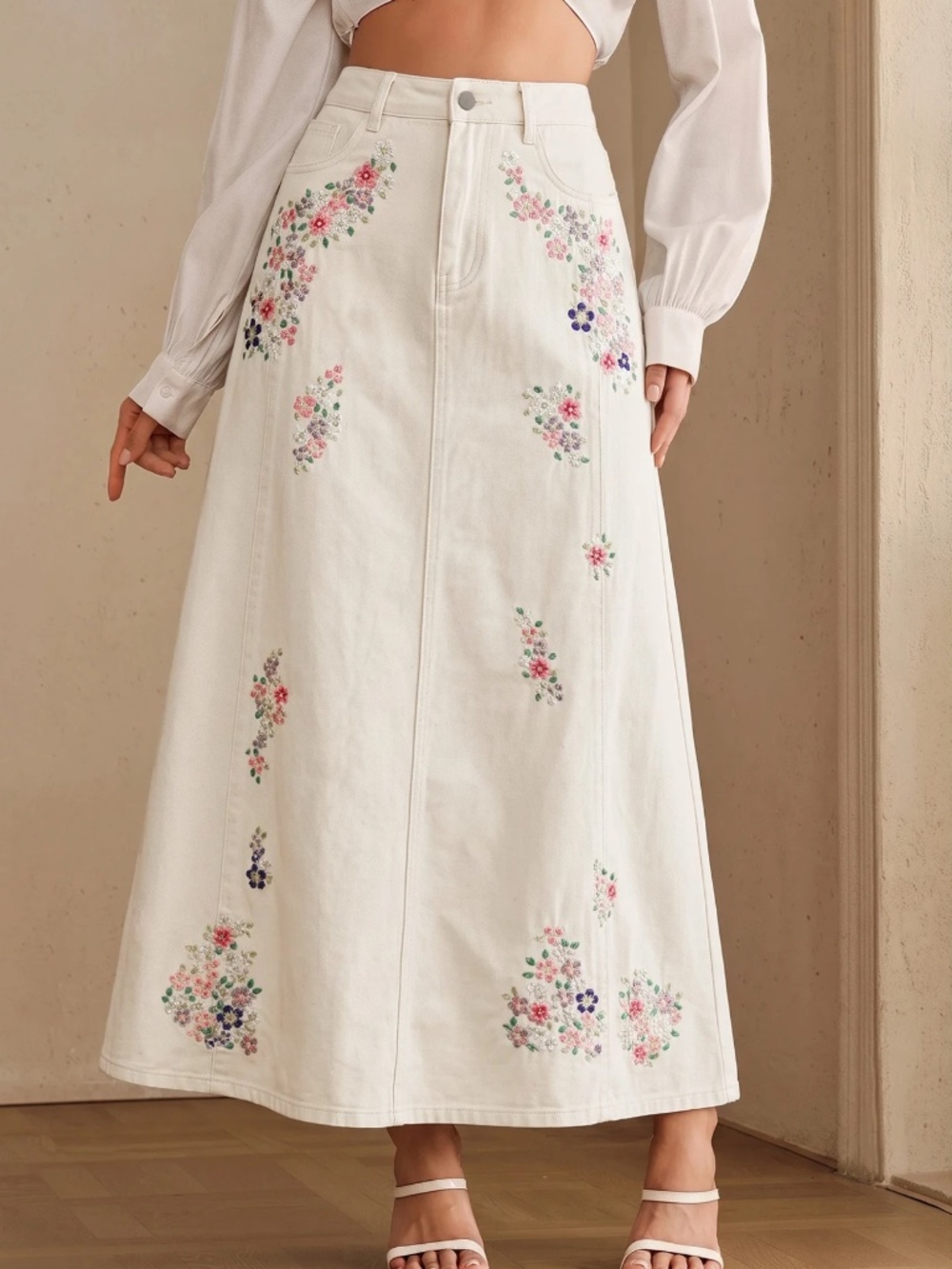 Western Floral Embroidered Mid Waist Denim maxi Skirt
